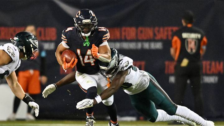 Sep 28, 2026; Chicago, Illinois, USA; Chicago Bears wide receiver Kalif Raymond (14) runs against Philadelphia Eagles wide receiver Darius Cooper (80) during the second half at Soldier Field. Mandatory Credit: Patrick Gorski-Imagn Images Sep 28, 2026; Chicago, Illinois, USA; Chicago Bears wide receiver Kalif Raymond (14) runs against Philadelphia Eagles wide receiver Darius Cooper (80) during the second half at Soldier Field. Mandatory Credit: Patrick Gorski-Imagn Images
