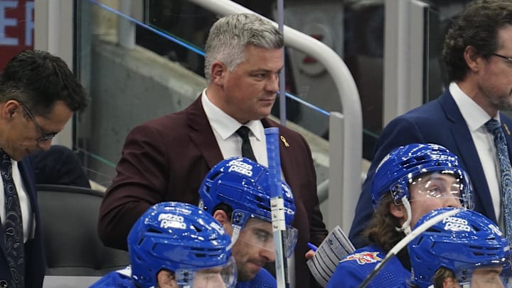 Dec 16, 2023; Toronto, Ontario, CAN; Toronto Maple Leafs head coach Sheldon Keefe (middle) looks on