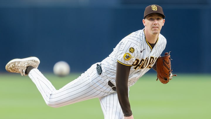 Apr 28, 2026; San Diego, California, USA; San Diego Padres starting pitcher Walker Buehler (10) throws a pitch during the first inning against the Chicago Cubs at Petco Park. Mandatory Credit: David Frerker-Imagn Images