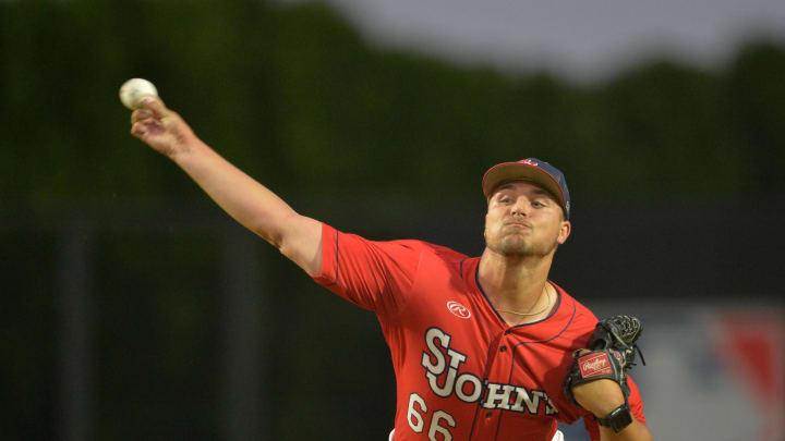 May 23, 2024; Mason, OH, USA; Saint John’s Red Storm pitcher Mario Pesca (66) pitches during the game against the Xavier Musketeers during the BIG EAST Baseball Tournament at Prasco Park. St. Johns defeats Xavier, 8-7. Mandatory Credit: Matt Lunsford-USA TODAY Sports