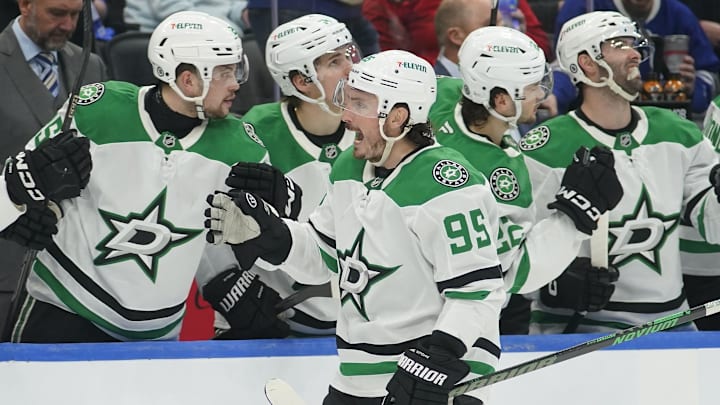 Jan 14, 2025; Toronto, Ontario, CAN; Dallas Stars forward Matt Duchene (95) celebrates his goal against the Toronto Maple Leafs during the third period at Scotiabank Arena. Mandatory Credit: John E. Sokolowski-Imagn Images