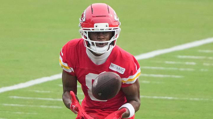 Jul 29, 2026; St. Joseph, MO, USA; Kansas City Chiefs wide receiver Jeff Caldwell (8) catches a pass during training camp at Missouri Western State University. Mandatory Credit: Denny Medley-Imagn Images