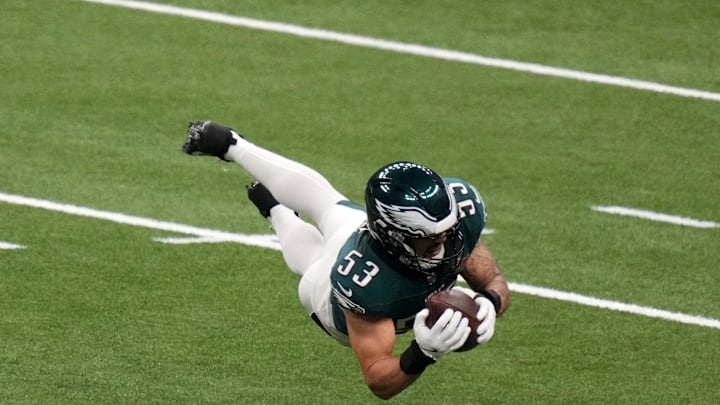 Feb 9, 2025; New Orleans, LA, USA; Philadelphia Eagles linebacker Zack Baun (53) makes an interception against Kansas City Chiefs quarterback Patrick Mahomes (not pictured) during the second quarter in Super Bowl LIX at Caesars Superdome. Mandatory Credit: Kirby Lee-Imagn Images