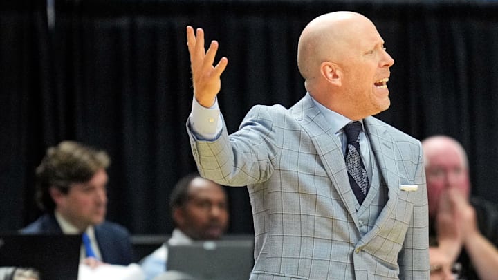 Mar 22, 2025; Lexington, KY, USA; UCLA Bruins head coach Mick Cronin reacts during the first half against the Tennessee Volunteers in the second round of the NCAA Tournament at Rupp Arena. Mandatory Credit: Aaron Doster-Imagn Images