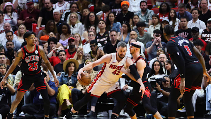 Apr 19, 2024; Miami, Florida, USA; Miami Heat forward Kevin Love (42) drives to the basket against the Chicago Bulls-Sam Navarro/USA TODAY Sports