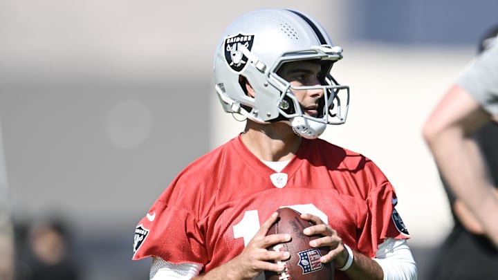 Jul 26, 2023; Las Vegas, Nevada, USA; Las Vegas Raiders quarterback Jimmy Garoppolo (10) during