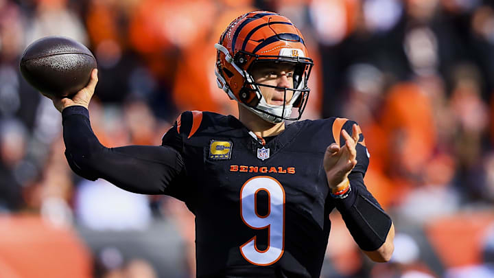 Dec 22, 2024; Cincinnati, Ohio, USA; Cincinnati Bengals quarterback Joe Burrow (9) throws a pass against the Cleveland Browns in the first half at Paycor Stadium. Mandatory Credit: Katie Stratman-Imagn Images