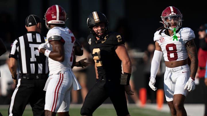 Vanderbilt Commodores quarterback Diego Pavia (2) expresses his feelings to an Alabama player during their game at Vanderbilt Stadium in Nashville, Tenn., Saturday, Oct. 5, 2024.