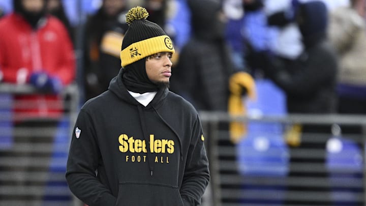 Dec 21, 2024; Baltimore, Maryland, USA;  Pittsburgh Steelers quarterback Justin Fields (2) walks the field before the game against the Baltimore Ravens at M&T Bank Stadium. Mandatory Credit: Tommy Gilligan-Imagn Images