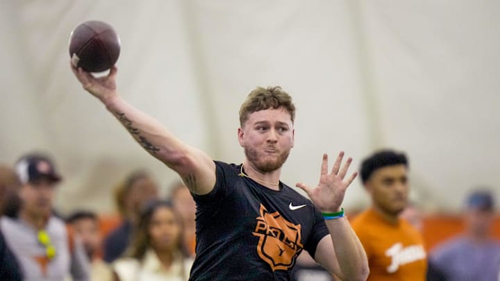 Former Longhorns Quinn Ewers passes during the Texas' Pro Day at the Texas Football Training Facility on Tuesday, March 25, 2025.