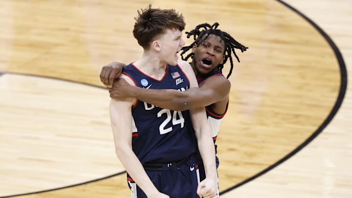 UConn guard Braylon Mullins (24) celebrates after hitting the game-winning three-pointer against Duke to send the Huskies to the Final Four. UConn guard Braylon Mullins (24) celebrates after hitting the game-winning three-pointer against Duke to send the Huskies to the Final Four.