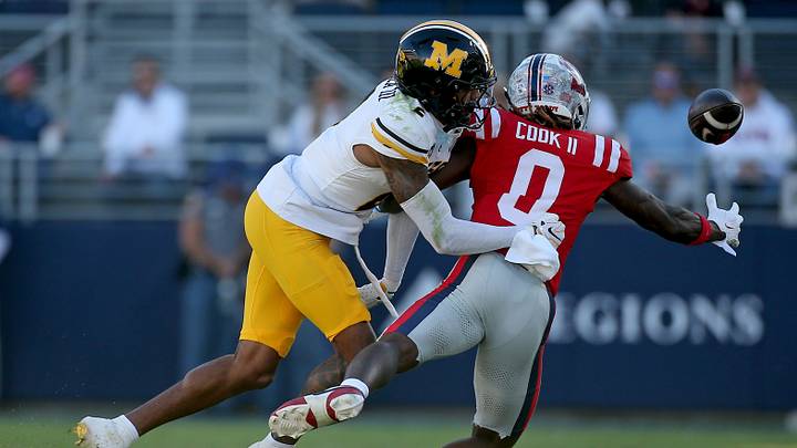 Oct 17, 2026; Oxford, Mississippi, USA; Missouri Tigers cornerback Sione Laulea (2) breaks up a pass intended for Mississippi Rebels wide receiver Johntay Cook II (0) during the third quarter at Vaught-Hemingway Stadium. Mandatory Credit: Petre Thomas-Imagn Images Oct 17, 2026; Oxford, Mississippi, USA; Missouri Tigers cornerback Sione Laulea (2) breaks up a pass intended for Mississippi Rebels wide receiver Johntay Cook II (0) during the third quarter at Vaught-Hemingway Stadium. Mandatory Credit: Petre Thomas-Imagn Images