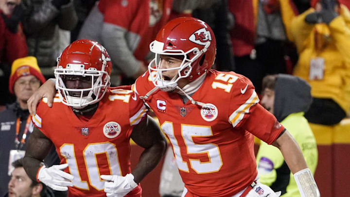 Jan 23, 2022; Kansas City, Missouri, USA; Kansas City Chiefs quarterback Patrick Mahomes (15) celebrates with wide receiver Tyreek Hill (10) after Hill scored against the Buffalo Bills during an AFC Divisional playoff football game at GEHA Field at Arrowhead Stadium. Mandatory Credit: Denny Medley-Imagn Images Jan 23, 2022; Kansas City, Missouri, USA; Kansas City Chiefs quarterback Patrick Mahomes (15) celebrates with wide receiver Tyreek Hill (10) after Hill scored against the Buffalo Bills during an AFC Divisional playoff football game at GEHA Field at Arrowhead Stadium. Mandatory Credit: Denny Medley-Imagn Images
