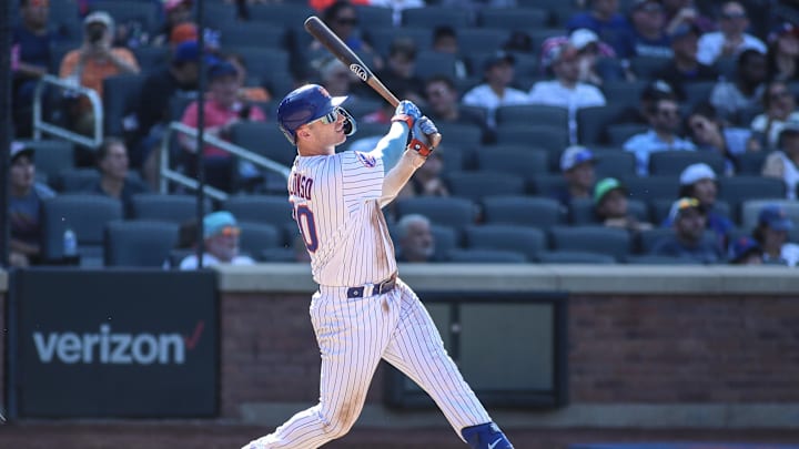 Sep 3, 2023; New York City, New York, USA;  New York Mets first baseman Pete Alonso (20) hits a solo home run in the seventh inning against the Seattle Mariners at Citi Field.
