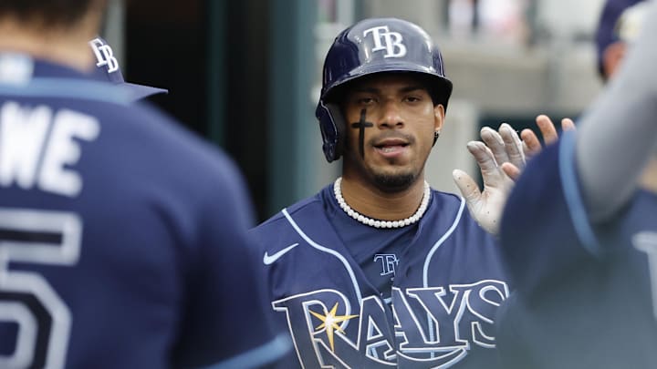 Tampa Bay Rays shortstop Wander Franco (5) receives congratulations from teammates after scoring in the sixth inning against the Detroit Tigers at Comerica Park in 2023. Tampa Bay Rays shortstop Wander Franco (5) receives congratulations from teammates after scoring in the sixth inning against the Detroit Tigers at Comerica Park in 2023.