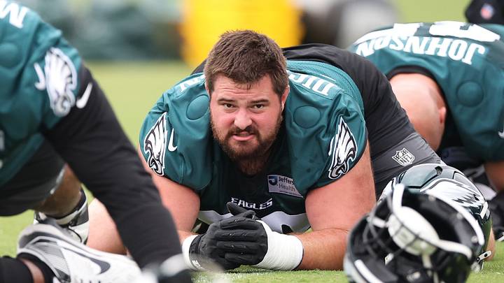 Jun 10, 2026; Philadelphia, PA, USA; Philadelphia Eagles guard Landon Dickerson (69) stretches during minicamp at Jefferson Health Training Complex. Jun 10, 2026; Philadelphia, PA, USA; Philadelphia Eagles guard Landon Dickerson (69) stretches during minicamp at Jefferson Health Training Complex.