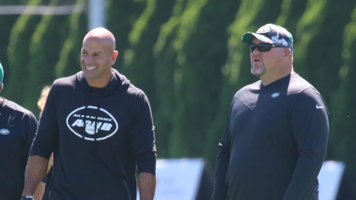 Jets coach Robert Saleh and general manager Joe Douglas look on during practice at the New York Jets Training Camp in Florham Park, N.J. on July 30, 2022.