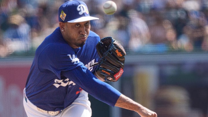 Los Angeles Dodgers pitcher Edwin Diaz (3) on the mound to pitch in the third inning of a spring training game against the Chicago Cub at Camelback Ranch-Glendale. 