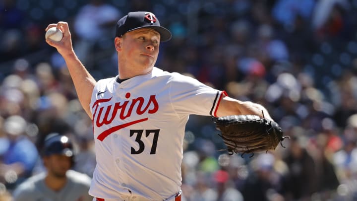 Minnesota Twins starting pitcher  Louie Varland (37) throws to the Detroit Tigers in the first inning at Target Field in Minneapolis on April 21, 2024. 