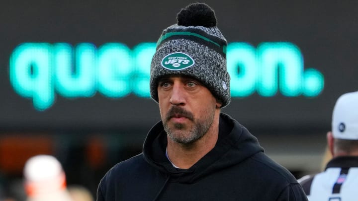Nov 24, 2023; East Rutherford, New Jersey, USA; New York Jets quarterback Aaron Rodgers (8), on injured reserve, pregame against the Miami Dolphins at MetLife Stadium.
