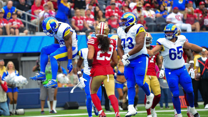 Sep 17, 2023; Inglewood, California, USA; Los Angeles Rams running back Kyren Williams (23) scores a touchdown against the San Francisco 49ers during the first half at SoFi Stadium. Mandatory Credit: Gary A. Vasquez-USA TODAY Sports