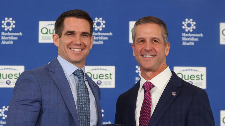 Jan 20, 2026; East Rutherford, NJ, USA; New York Giants general manager Joe Schoen and head coach John Harbaugh pose after the press conference announcing Harbaugh’s hiring at Quest Diagnostics Training Center.  