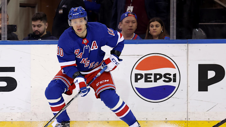 Mar 26, 2024; New York, New York, USA; New York Rangers left wing Artemi Panarin (10) controls the