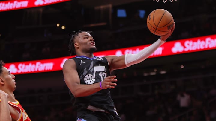 Apr 6, 2025; Atlanta, Georgia, USA; Utah Jazz guard Isaiah Collier (13) shoots against the Atlanta Hawks in the third quarter at State Farm Arena. Mandatory Credit: Brett Davis-Imagn Images