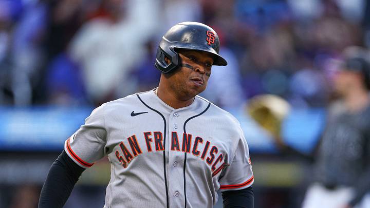 New York City, New York, USA;  San Francisco Giants first baseman Rafael Devers (16) rounds the bases after hitting a two run home run during the fifth inning against the New York Mets at Citi Field. Mandatory Credit: Vincent Carchietta-Imagn Images