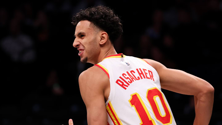 Zaccharie Risacher reacts against the Brooklyn Nets Zaccharie Risacher reacts against the Brooklyn Nets