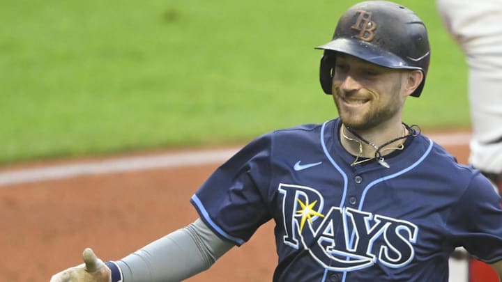 Sep 12, 2024; Cleveland, Ohio, USA; Tampa Bay Rays designated hitter Brandon Lowe (8) celebrates his solo home run in the first inning against the Cleveland Guardians at Progressive Field. Mandatory Credit: David Richard-Imagn Images