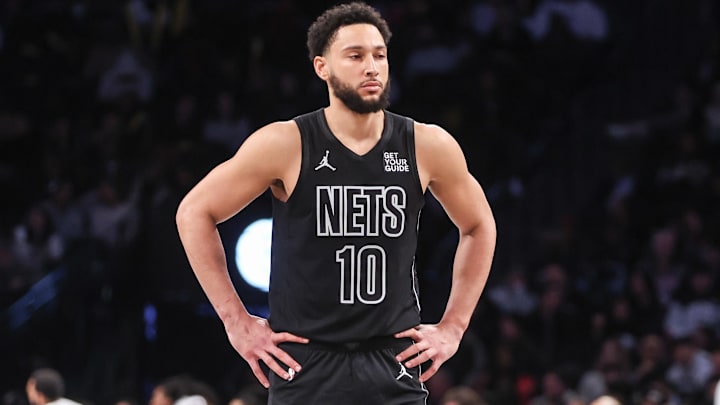 Feb 5, 2025; Brooklyn, New York, USA;  Brooklyn Nets guard Ben Simmons (10) at Barclays Center. Mandatory Credit: Wendell Cruz-Imagn Images