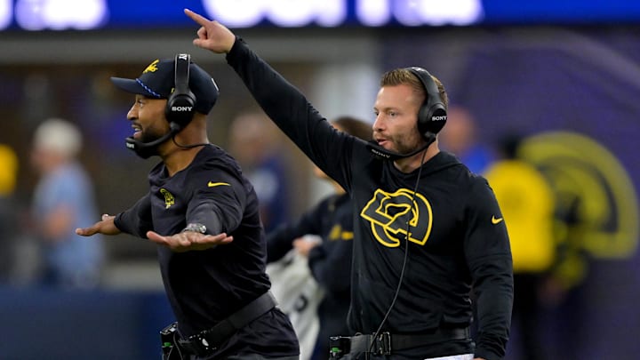 Nov 16, 2025; Inglewood, California, USA;  Los Angeles Rams assistant head coach Aubrey Pleasant with head coach Sean McVay on the sidelines during the second half against the Seattle Seahawks at SoFi Stadium. Mandatory Credit: Jayne Kamin-Oncea-Imagn Images