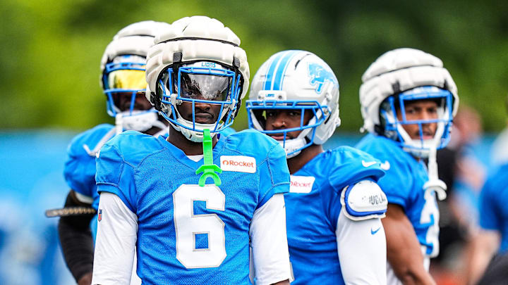 Detroit Lions cornerback Terrion Arnold (6) watches practice during training camp at Meijer Performance Center in Allen Park on Thursday, August 21, 2025.