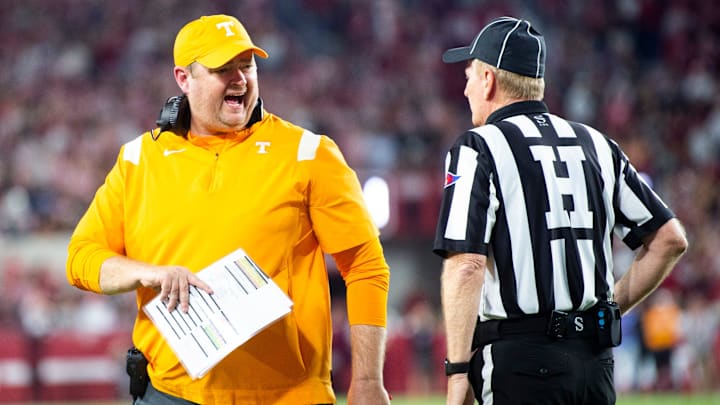 Tennessee Football Coach Josh Heupel yells at an official during a football game between the Tennessee Volunteers and the Alabama Crimson Tide at Bryant-Denny Stadium in Tuscaloosa, Ala., on Saturday, Oct. 23, 2021.

Kns Tennessee Alabama Football Bp