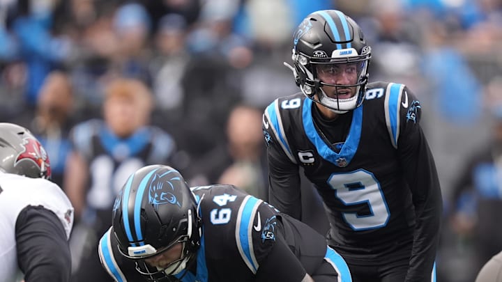 Dec 21, 2025; Charlotte, North Carolina, USA; Carolina Panthers quarterback Bryce Young (9) during the first half against the Tampa Bay Buccaneers at Bank of America Stadium. Mandatory Credit: Jim Dedmon-Imagn Images