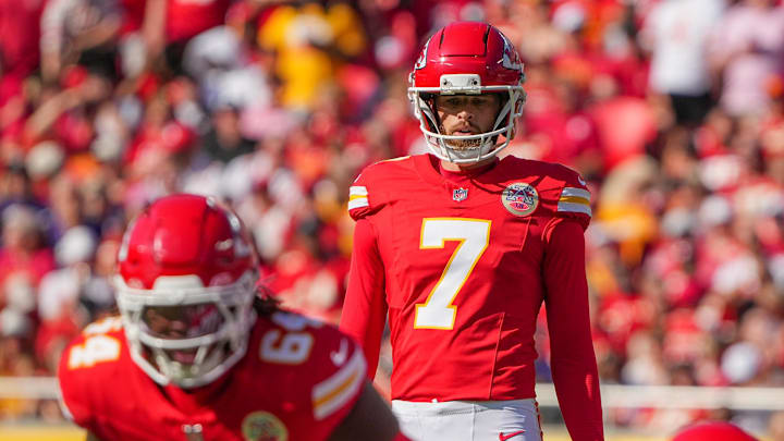 Sep 28, 2025; Kansas City, Missouri, USA; Kansas City Chiefs kicker Harrison Butker (7) readies for a field goal attempt against the Baltimore Ravens during the game at GEHA Field at Arrowhead Stadium. Mandatory Credit: Denny Medley-Imagn Images