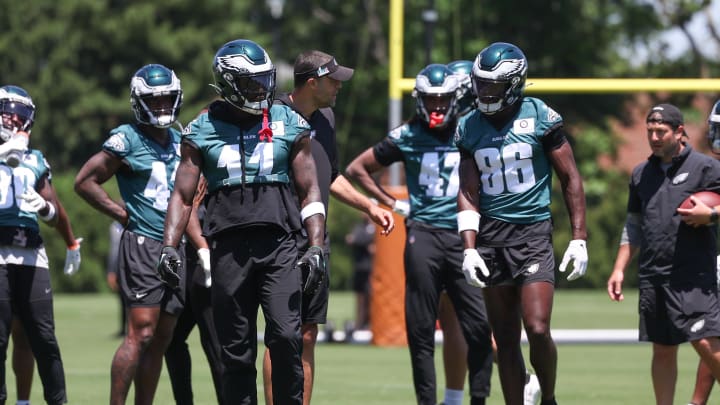 May 30, 2024; Philadelphia, PA, USA; Philadelphia Eagles wide receiver A.J. Brown (11) and wide receiver Joseph Ngata (86) during practice at NovaCare Complex. 