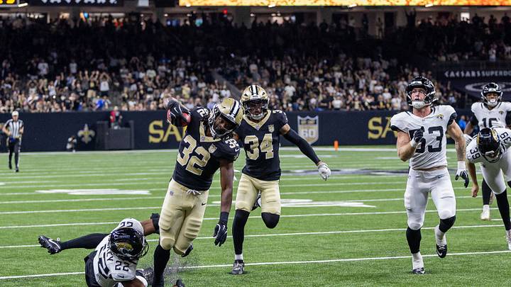 Aug 15, 2026; New Orleans, Louisiana, USA; New Orleans Saints running back Ty Chandler (32) runs the opening kickoff and is tackled by Jacksonville Jaguars safety Jalen Huskey (22) during the first half at Caesars Superdome. Mandatory Credit: Stephen Lew-Imagn Images Aug 15, 2026; New Orleans, Louisiana, USA; New Orleans Saints running back Ty Chandler (32) runs the opening kickoff and is tackled by Jacksonville Jaguars safety Jalen Huskey (22) during the first half at Caesars Superdome. Mandatory Credit: Stephen Lew-Imagn Images