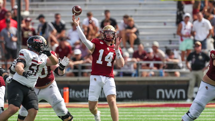 Sep 2, 2023; Chestnut Hill, Massachusetts, USA; Boston College Eagles quarterback Emmett Morehead (14) passes the ball during the second half against the Northern Illinois Huskies at Alumni Stadium. Mandatory Credit: Paul Rutherford-Imagn Images