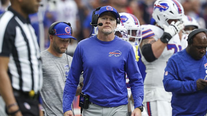 Oct 6, 2024; Houston, Texas, USA; Buffalo Bills head coach Sean McDermott reacts during the fourth quarter against the Houston Texans at NRG Stadium. 