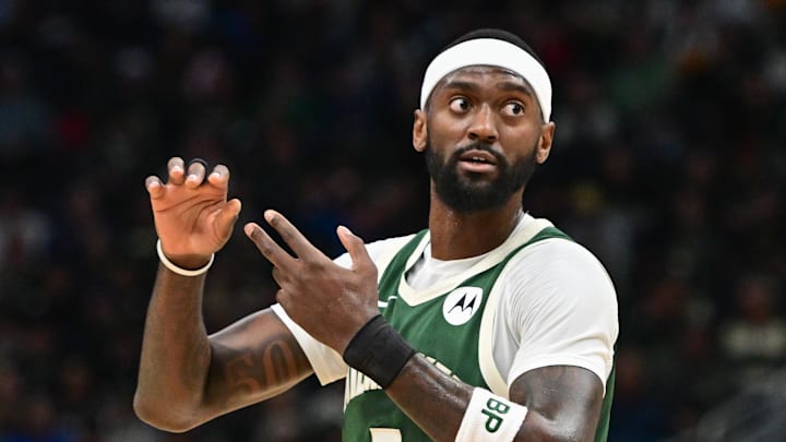 Jan 23, 2025; Milwaukee, Wisconsin, USA; Milwaukee Bucks forward Bobby Portis (9) reacts in the second quarter against the Miami Heat at Fiserv Forum. Mandatory Credit: Benny Sieu-Imagn Images