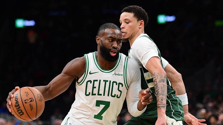 Feb 1, 2026; Boston, Massachusetts, USA; Boston Celtics guard Jaylen Brown (7) controls the ball while Milwaukee Bucks guard Ryan Rollins (13) defends during the second half at TD Garden. Mandatory Credit: Bob DeChiara-Imagn Images Feb 1, 2026; Boston, Massachusetts, USA; Boston Celtics guard Jaylen Brown (7) controls the ball while Milwaukee Bucks guard Ryan Rollins (13) defends during the second half at TD Garden. Mandatory Credit: Bob DeChiara-Imagn Images