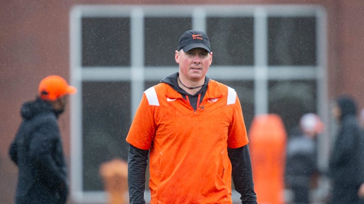 Oregon State head coach Trent Bray prepares for the first day of spring practice at the Tommy Prothro Football Complex on Tuesday, March 4, 2025, in Corvallis, Ore.