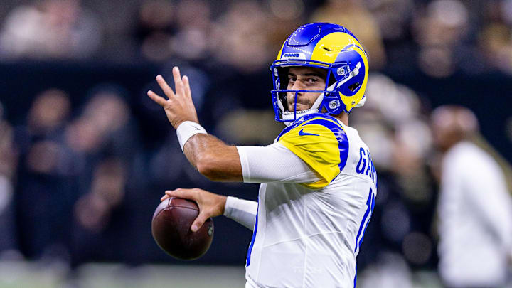 Dec 1, 2024; New Orleans, Louisiana, USA;  Los Angeles Rams quarterback Jimmy Garoppolo (11) during warms up against the New Orleans Saints at Caesars Superdome. Mandatory Credit: Stephen Lew-Imagn Images