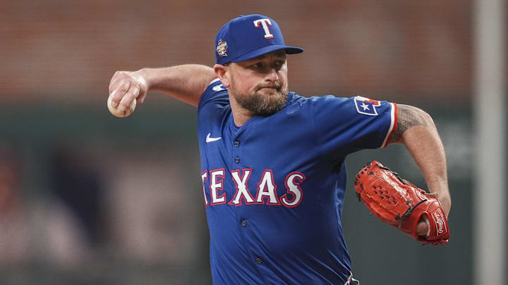 Apr 21, 2024; Cumberland, Georgia, USA; Texas Rangers relief pitcher Kirby Yates.