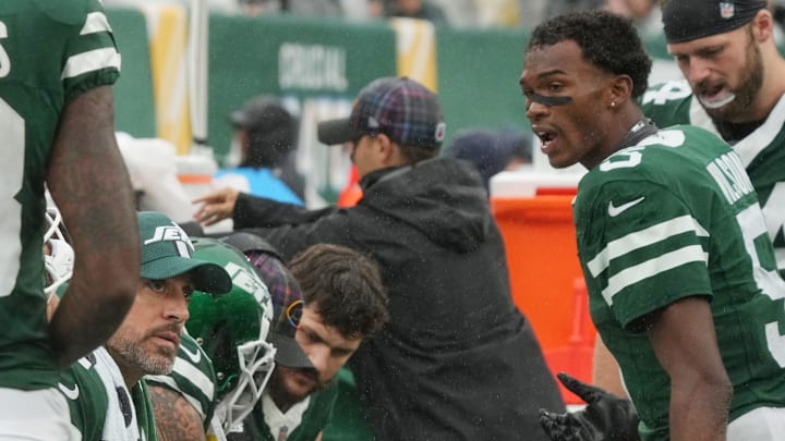 East Rutherford, NJ -- September 29 -- Aaron Rodgers of the Jets and Garrett Wilson but Wilson after there was a misscommunication of a pass play in the fourth quarter as the Denver Broncos edged the New York Jets 10-9 at MetLife Stadium.