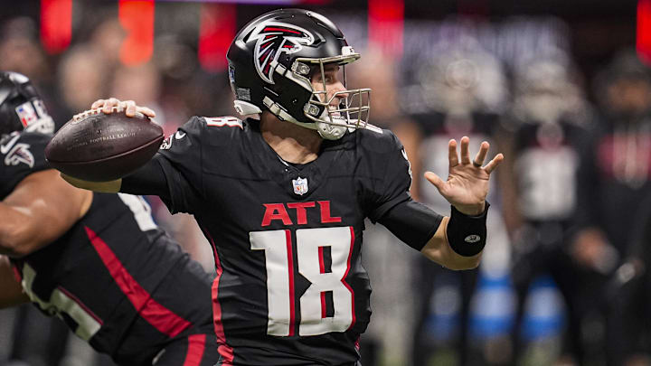 Jan 4, 2026; Atlanta, Georgia, USA; Atlanta Falcons quarterback Kirk Cousins (18) passes the ball against the New Orleans Saints during the second half at Mercedes-Benz Stadium. Mandatory Credit: Dale Zanine-Imagn Images