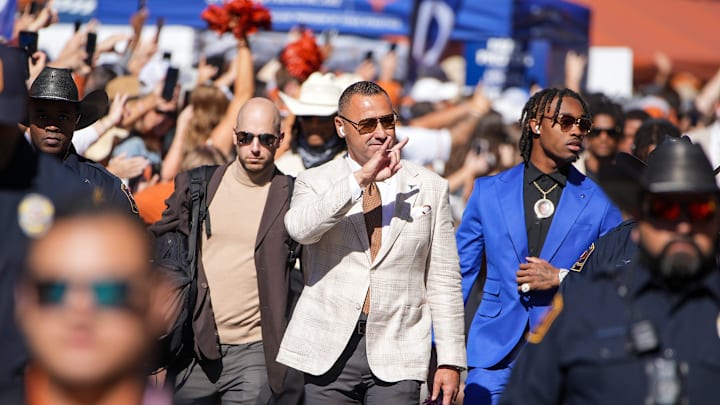 Texas Longhorns head coach Steve Sarkisian makes his way to compete against Kentucky Wildcats on a NCAA college football game at Darrell K Royal Texas Memorial Stadium, Austin, Texas, Saturday, Nov 24, 2024. Texas Longhorns head coach Steve Sarkisian makes his way to compete against Kentucky Wildcats on a NCAA college football game at Darrell K Royal Texas Memorial Stadium, Austin, Texas, Saturday, Nov 24, 2024.