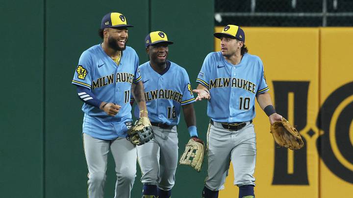 Sep 16, 2026; Pittsburgh, Pennsylvania, USA; Milwaukee Brewers left fielder Jackson Chourio (11) and center fielder Luis Lara (18) and right fielder Sal Frelick (10) react in the outfield after defeating the Pittsburgh Pirates at PNC Park. Mandatory Credit: Charles LeClaire-Imagn Images Sep 16, 2026; Pittsburgh, Pennsylvania, USA; Milwaukee Brewers left fielder Jackson Chourio (11) and center fielder Luis Lara (18) and right fielder Sal Frelick (10) react in the outfield after defeating the Pittsburgh Pirates at PNC Park. Mandatory Credit: Charles LeClaire-Imagn Images